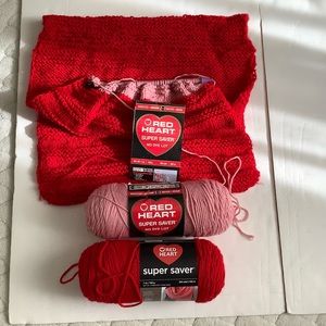Red Heart Yarns: Cherry Red (2), Rose Pink (1), 3 skeins